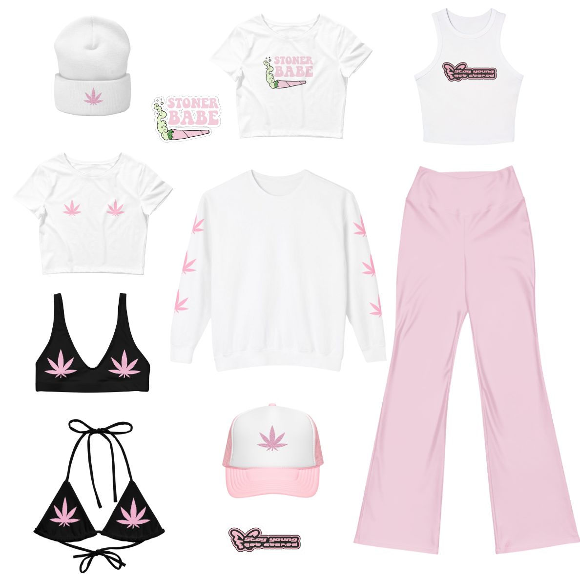 Pink Weed Fan Leaf Crop Top