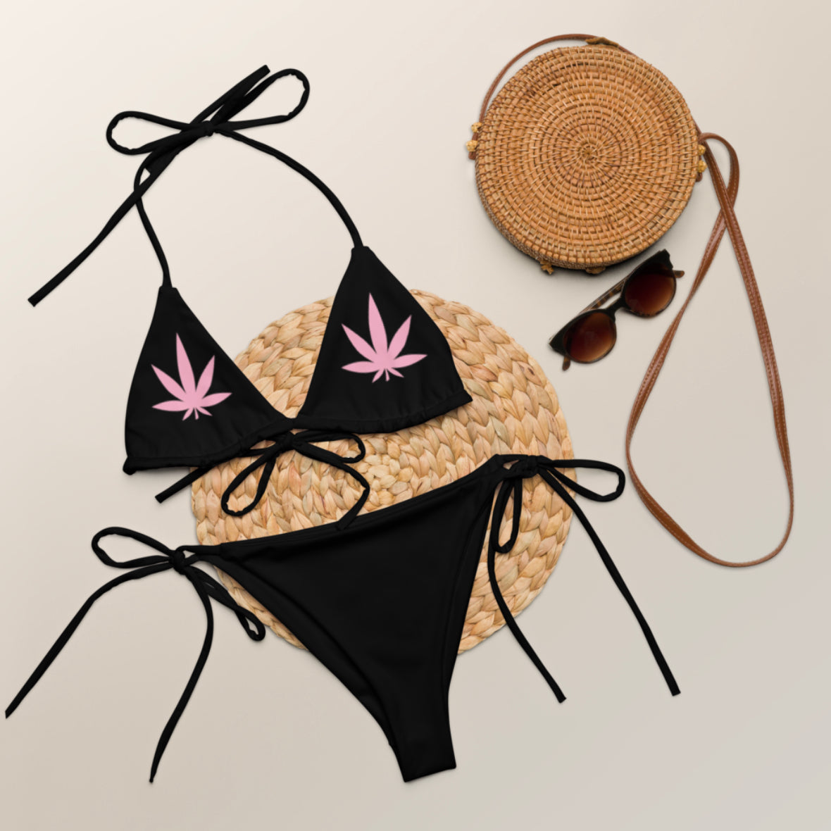 Pink Weed Fan Leaf String Bikini