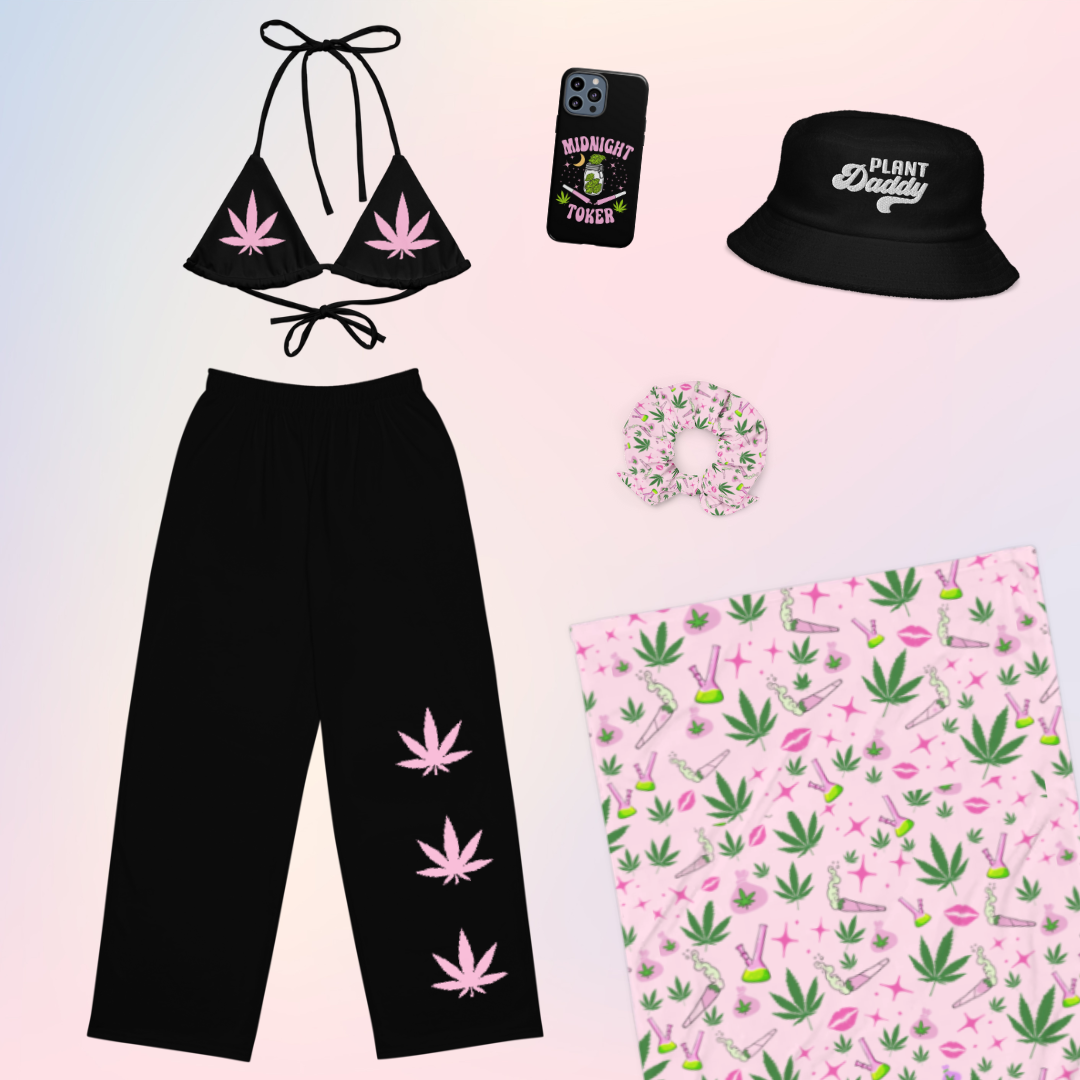 Pink Weed Leaf Wide Leg Pants (High Waisted)