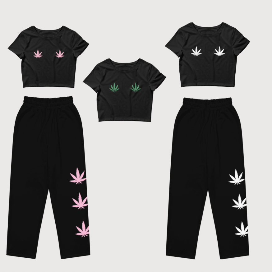 Pink Pot Leaf Wide-Leg Joggers